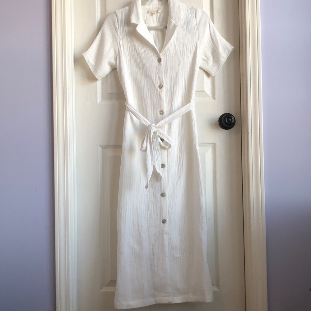 Roolee Button Front White Midi Dress